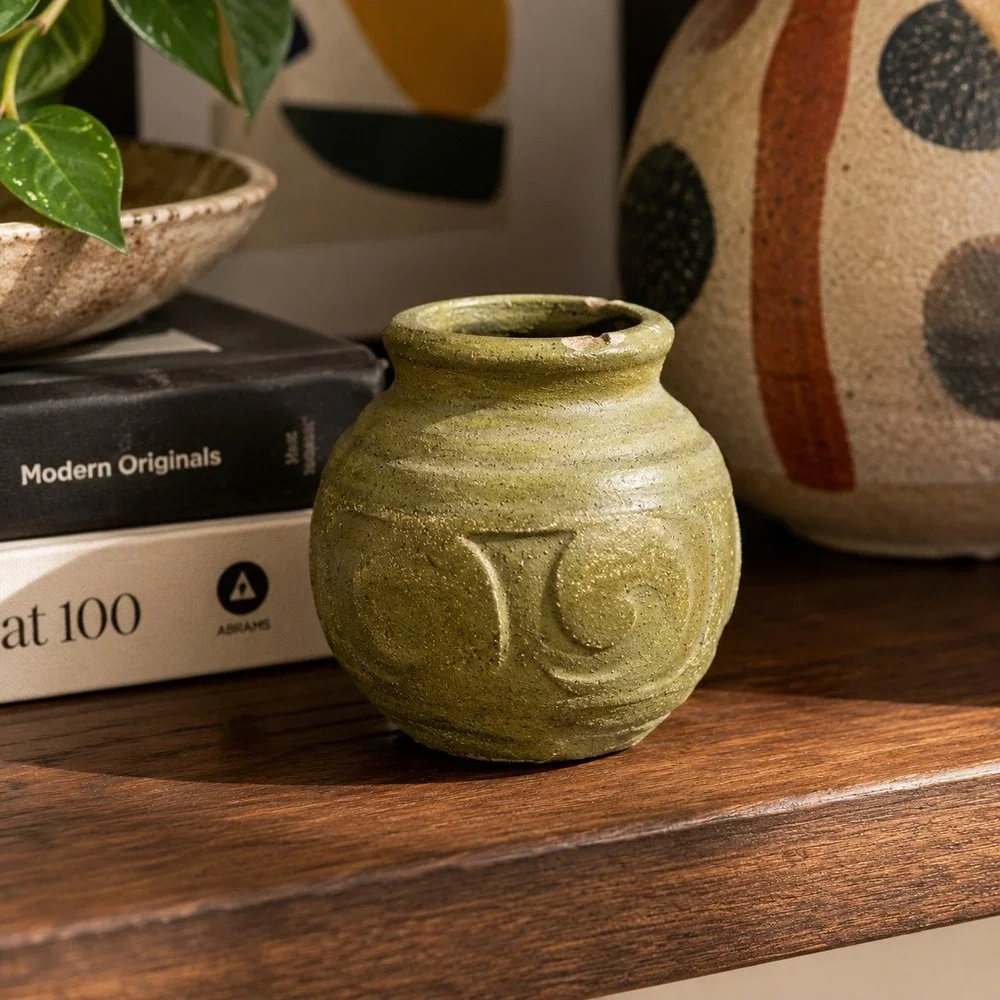 Funky Vintage‎ Studio Pottery Vessel Mini Green Ceramic Pot Eclectic Shelf Decor